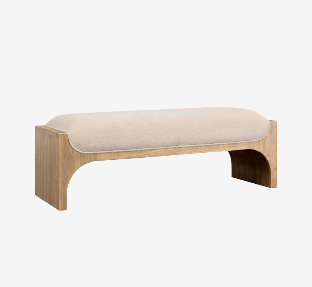 Solid Wood Entryway Bench in Honey Oak | Beige Chenille Upholstered Seat