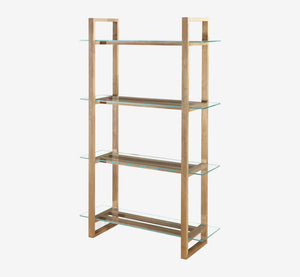 Modern Natural Wood 4-Tier Etagere with Floating Tempered Glass Shelves