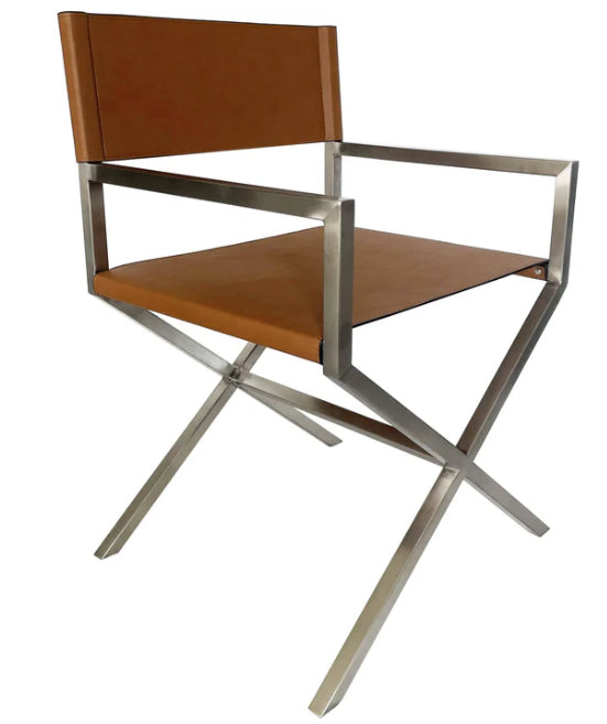 Modern Coastal Director's Dining Arm Chair - Cognac Synthetic Leather & Brushed Stainless Steel Frame