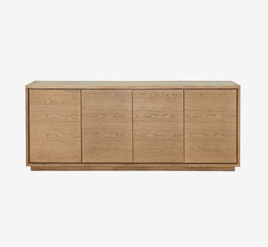 Modern 4-Door Solid Wood Sideboard - Large Oak Finish Buffet Cabinet with Minimalist Plinth Base - Contemporary Credenza for Dining & Living Room
