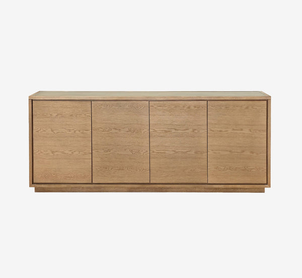 Modern 4-Door Solid Wood Sideboard - Large Oak Finish Buffet Cabinet with Minimalist Plinth Base - Contemporary Credenza for Dining & Living Room