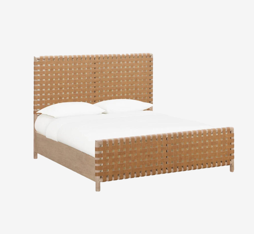 Modern Hand-Woven Faux Leather Platform Bed with Solid Acacia Wood Frame