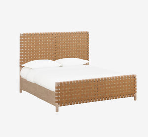 Modern Hand-Woven Faux Leather Platform Bed with Solid Acacia Wood Frame