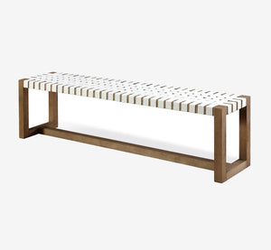 Modern Woven Entryway Bench with Solid Wood Frame, White Strapping Bed End Bench for Bedroom and Hallway