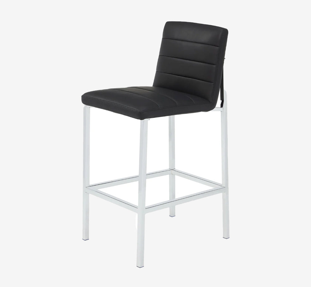 Modern Black Faux Leather Bar Stool with Chrome Frame and Channel Tufted Back