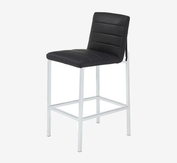 Modern Black Faux Leather Bar Stool with Chrome Frame and Channel Tufted Back