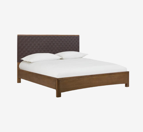Modern Rustic Basketweave PU Leather Platform Bed | Solid Rubberwood Frame