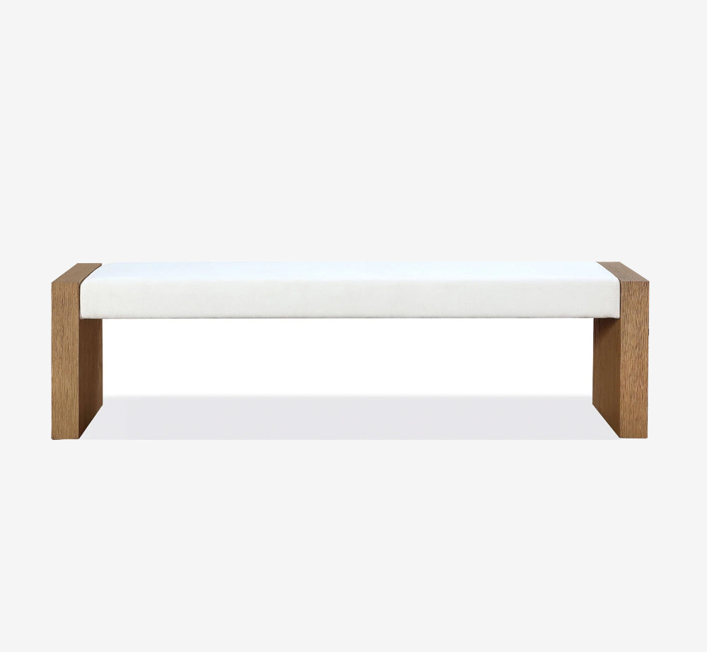 Modern Upholstered Entryway Bench with Solid Wood Slab Legs, Minimalist White Linen Bed End Bench for Bedroom & Hallway