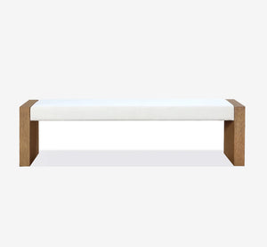 Modern Upholstered Entryway Bench with Solid Wood Slab Legs, Minimalist White Linen Bed End Bench for Bedroom & Hallway