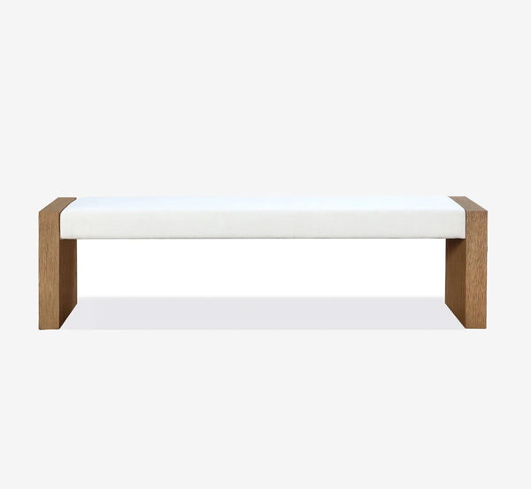 Modern Upholstered Entryway Bench with Solid Wood Slab Legs, Minimalist White Linen Bed End Bench for Bedroom & Hallway