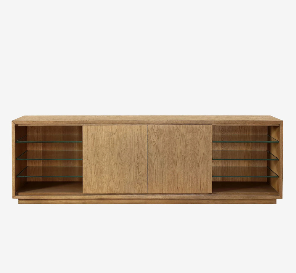 Modern Oak Wood Sideboard with Sliding Doors and Adjustable Glass Shelving