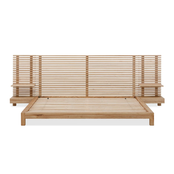 Modern Scandinavian Solid Wood Bed Frame | Slat Wall Bed with Floating Bedside Tables