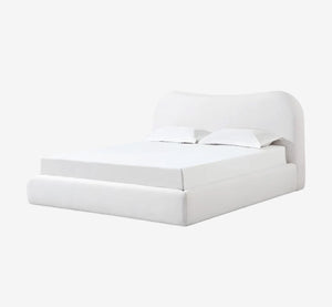 Modern Vanilla Linen Upholstered Platform Bed with Curved Headboard