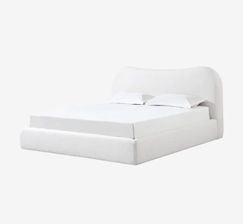 Modern Vanilla Linen Upholstered Platform Bed with Curved Headboard