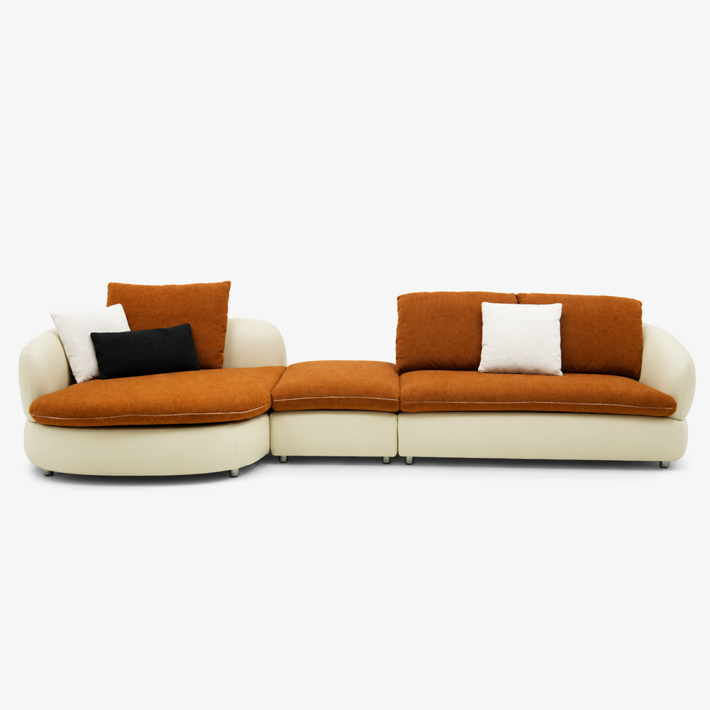 Modern Two-Tone Curved Sectional Sofa with Right Chaise - Orange Fabric & Cream Faux Leather（F039）