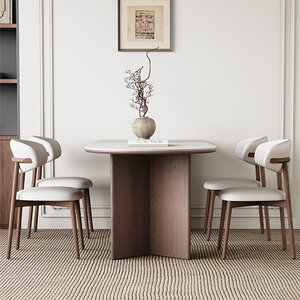 Modern D-Shaped Sintered Stone Dining Table with Walnut Base