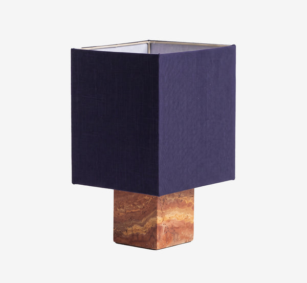 Geometric Red Stone Block Accent Lamp | Travertine Base & Fabric Shade