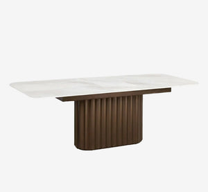 Modern Extendable Pedestal Dining Table | Self-Storing Leaf & Sintered Stone