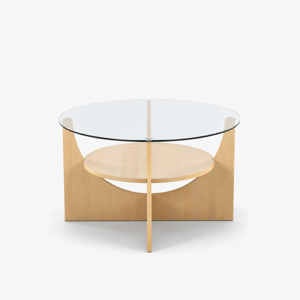 U-Shaped Contemporary Coffee Table in Natural Wood and Clear Glass