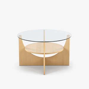U-Shaped Contemporary Coffee Table in Natural Wood and Clear Glass