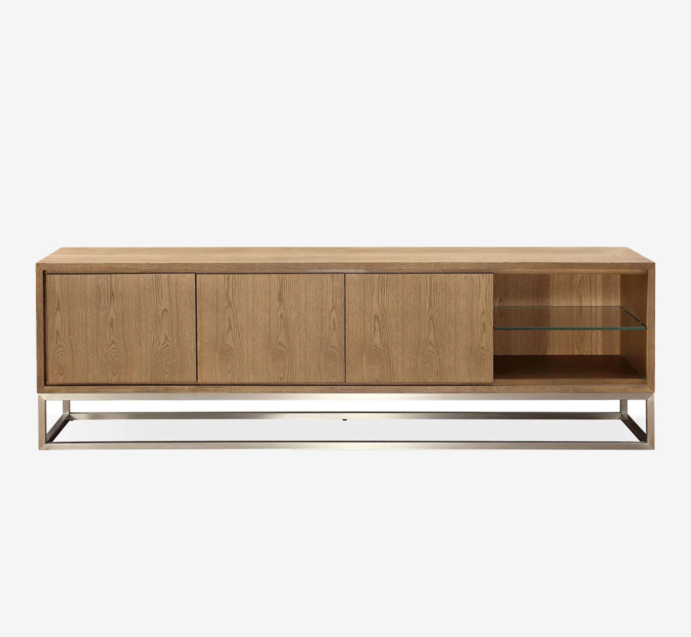 Modern Oak Sideboard with Brushed Metal Base and Open Glass Shelf Niche