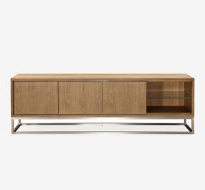 Modern Oak Sideboard with Brushed Metal Base and Open Glass Shelf Niche