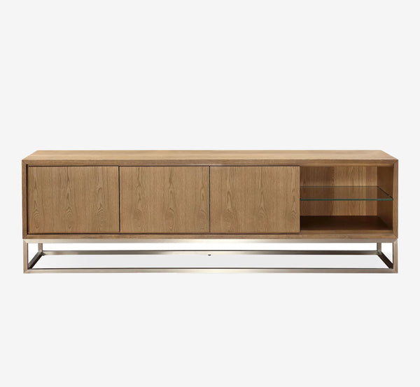 Modern Oak Sideboard with Brushed Metal Base and Open Glass Shelf Niche