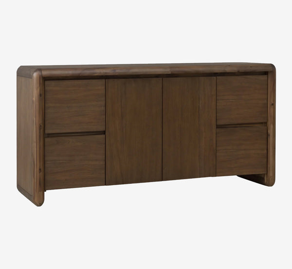 Mid-Century Modern Solid Wood Sideboard - Curved Edge Credenza with 4 Drawers & 2 Doors Media Console