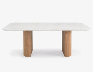 Modern Marble Dining Table with Fluted Oak Pedestal Base – Contemporary Rectangular Dining Table