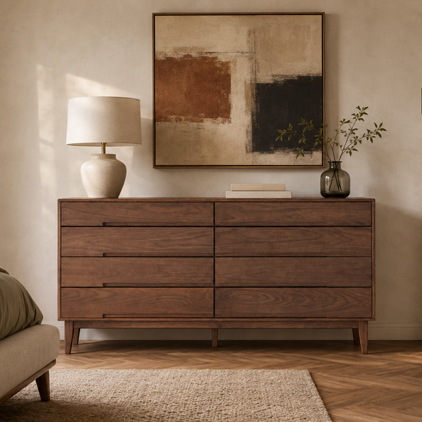 Mid-Century Modern Walnut 8-Drawer Dresser with Recessed Pulls
