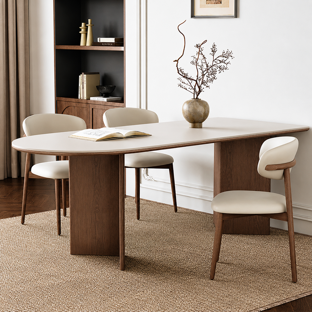 Modern D-Shaped Sintered Stone Dining Table with Walnut Base