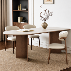 Modern D-Shaped Sintered Stone Dining Table with Walnut Base