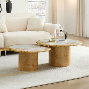 Irregular Coffee Table set, 2pcs burl Wood Veneer Coffee Table,Sintered Stone Tabletop Table with Sturdy MDF Pedestal, Rounded Sofa Side Table for living Room,Office