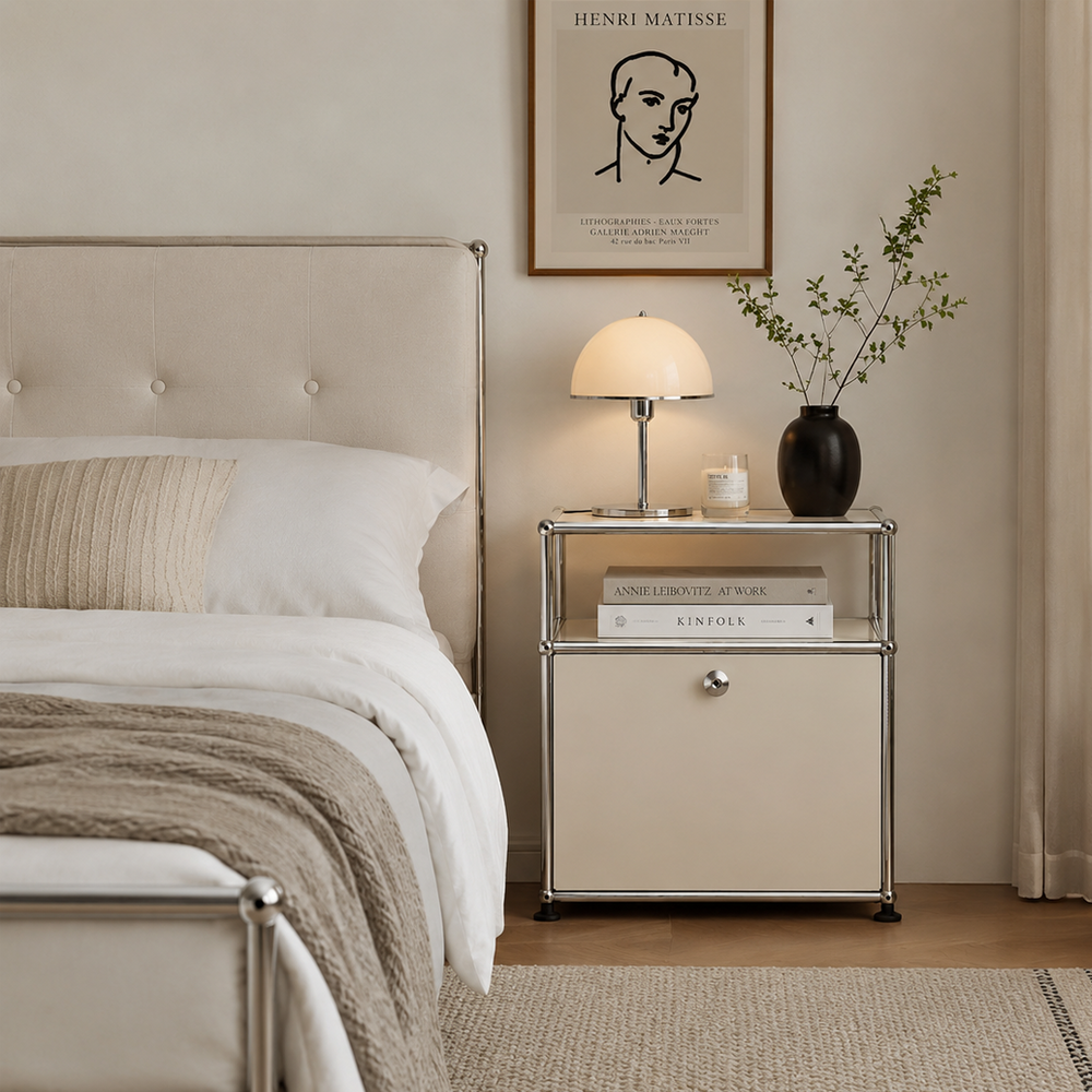 ModuSteel Modern Nightstand with Open Shelf and Storage Cabinet