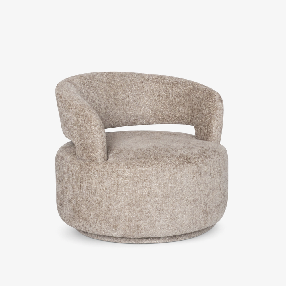 Modern Round Swivel Barrel Chair - Textured Woven Accent Chair with Cut-Out Back in Taupe