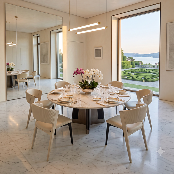 Round Marble Dining Table with Sculptural Stainless Steel Base – Italian Modern Dining Table