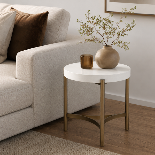Industrial Mid-Century Concrete Accent Table - Round Gray Cement Top with Bronze Steel Legs