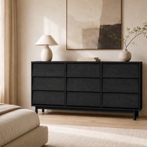 Modern Black Wood 9-Drawer Wide Dresser with Handle-Free Design