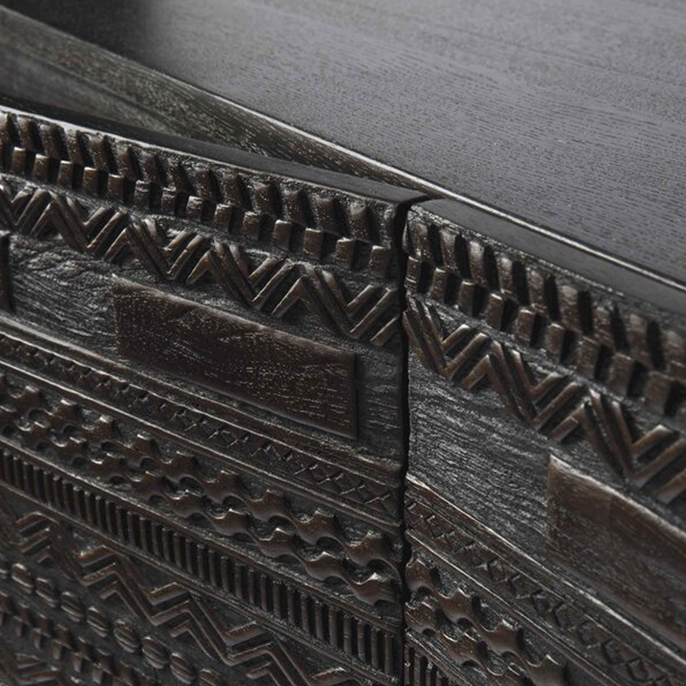 Modern Hand-Carved Teak Sideboard with Black Metal Legs