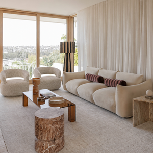Modern Round Swivel Barrel Chair - Textured Woven Accent Chair with Cut-Out Back in Taupe
