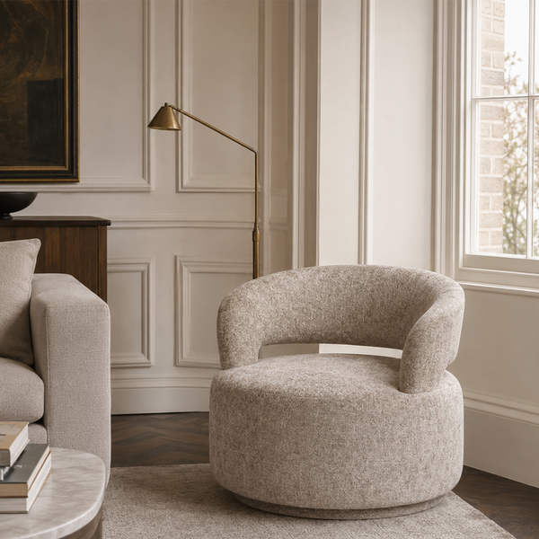 Modern Round Swivel Barrel Chair - Textured Woven Accent Chair with Cut-Out Back in Taupe