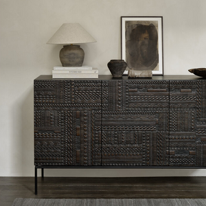 Modern Hand-Carved Teak Sideboard with Black Metal Legs