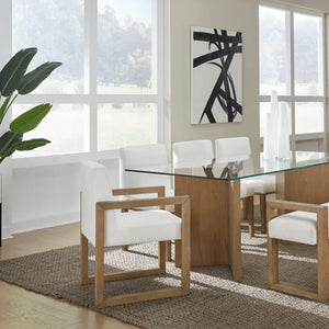 Modern Rectangular Glass Dining Table with Solid Wood V-Shaped Base