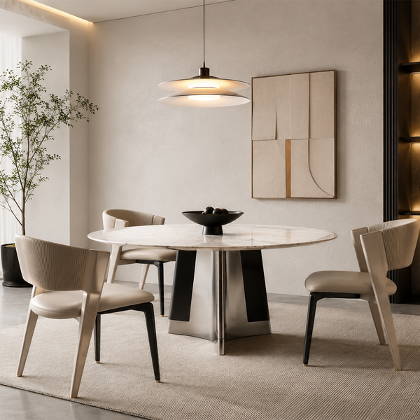 Round Marble Dining Table with Sculptural Stainless Steel Base – Italian Modern Dining Table