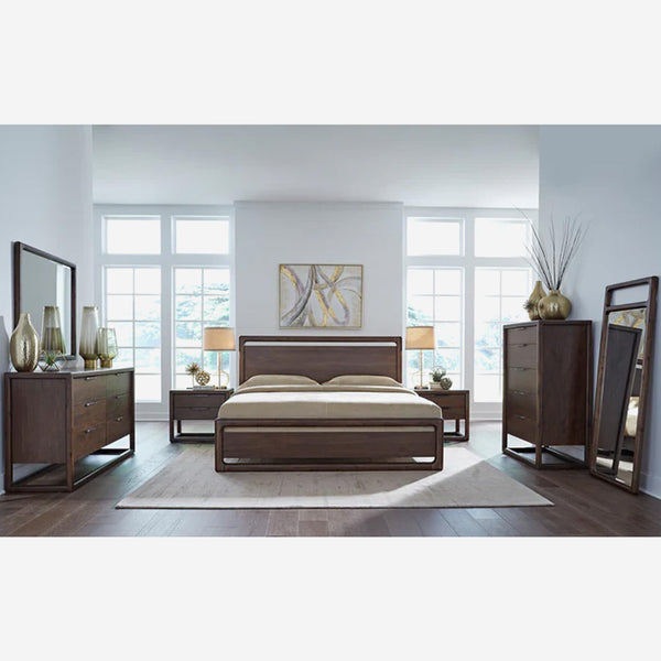 Modern Walnut Platform Bed Frame with Rounded Cut-out Headboard | Solid Wood Style Bed