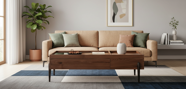 Wooden coffee table with a dark finish and two drawers.