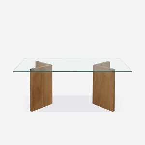 Modern Rectangular Glass Dining Table with Solid Wood V-Shaped Base