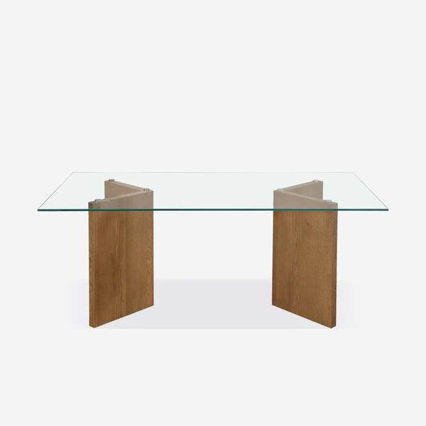 Modern Rectangular Glass Dining Table with Solid Wood V-Shaped Base