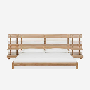 Modern Scandinavian Solid Wood Bed Frame | Slat Wall Bed with Floating Bedside Tables
