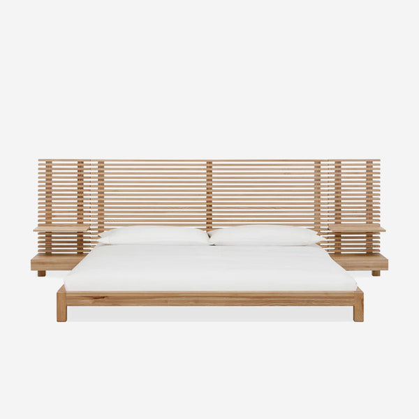 Modern Scandinavian Solid Wood Bed Frame | Slat Wall Bed with Floating Bedside Tables